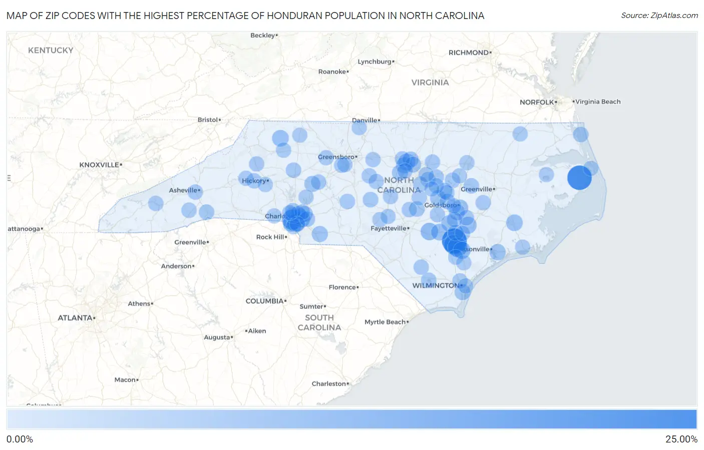 Zip Codes with the Highest Percentage of Honduran Population in North Carolina Map