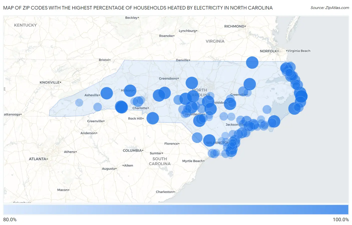Zip Codes with the Highest Percentage of Households Heated by Electricity in North Carolina Map