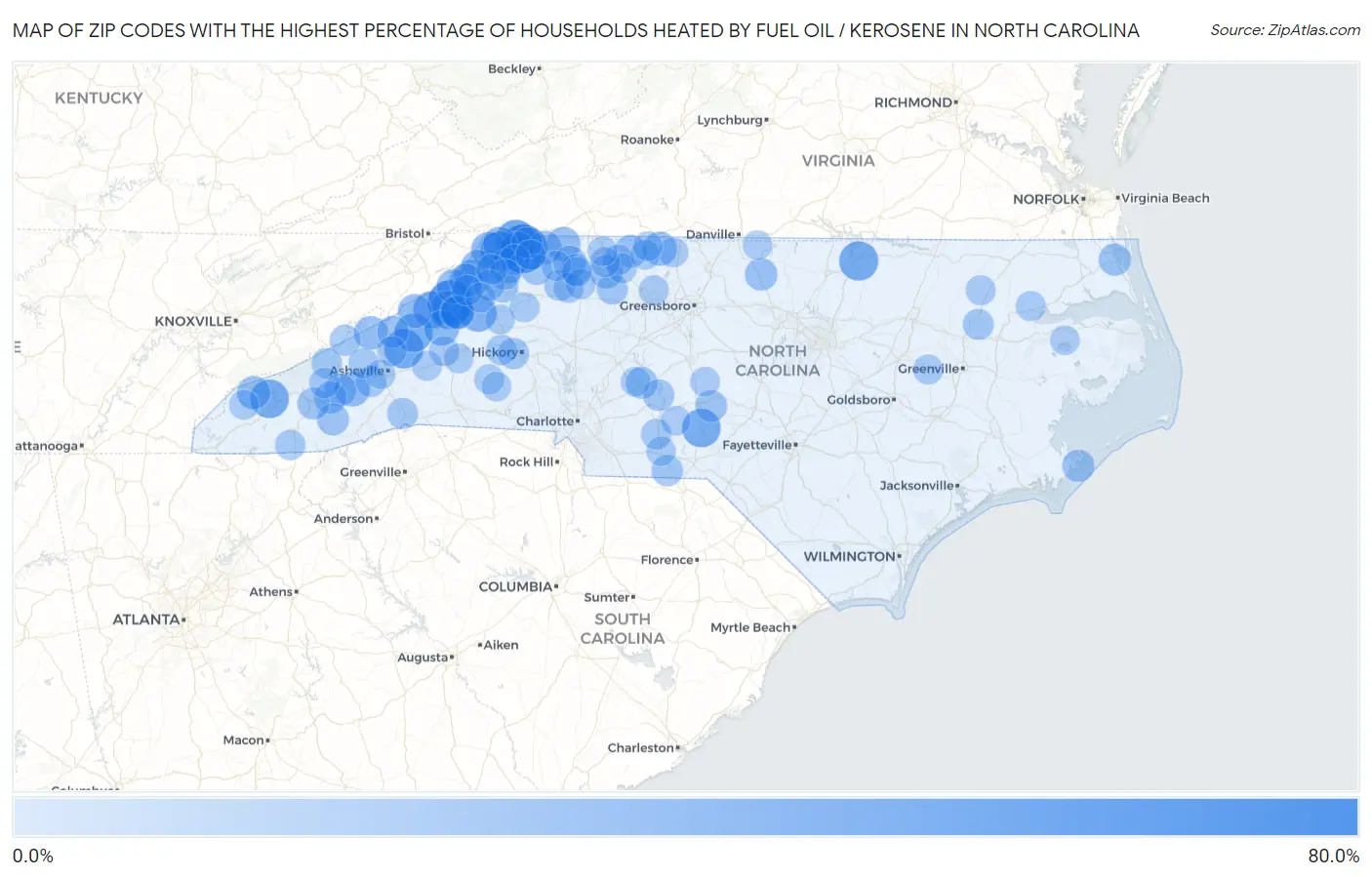 Zip Codes with the Highest Percentage of Households Heated by Fuel Oil / Kerosene in North Carolina Map