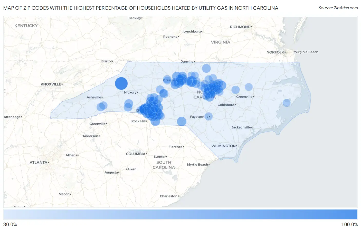 Zip Codes with the Highest Percentage of Households Heated by Utility Gas in North Carolina Map