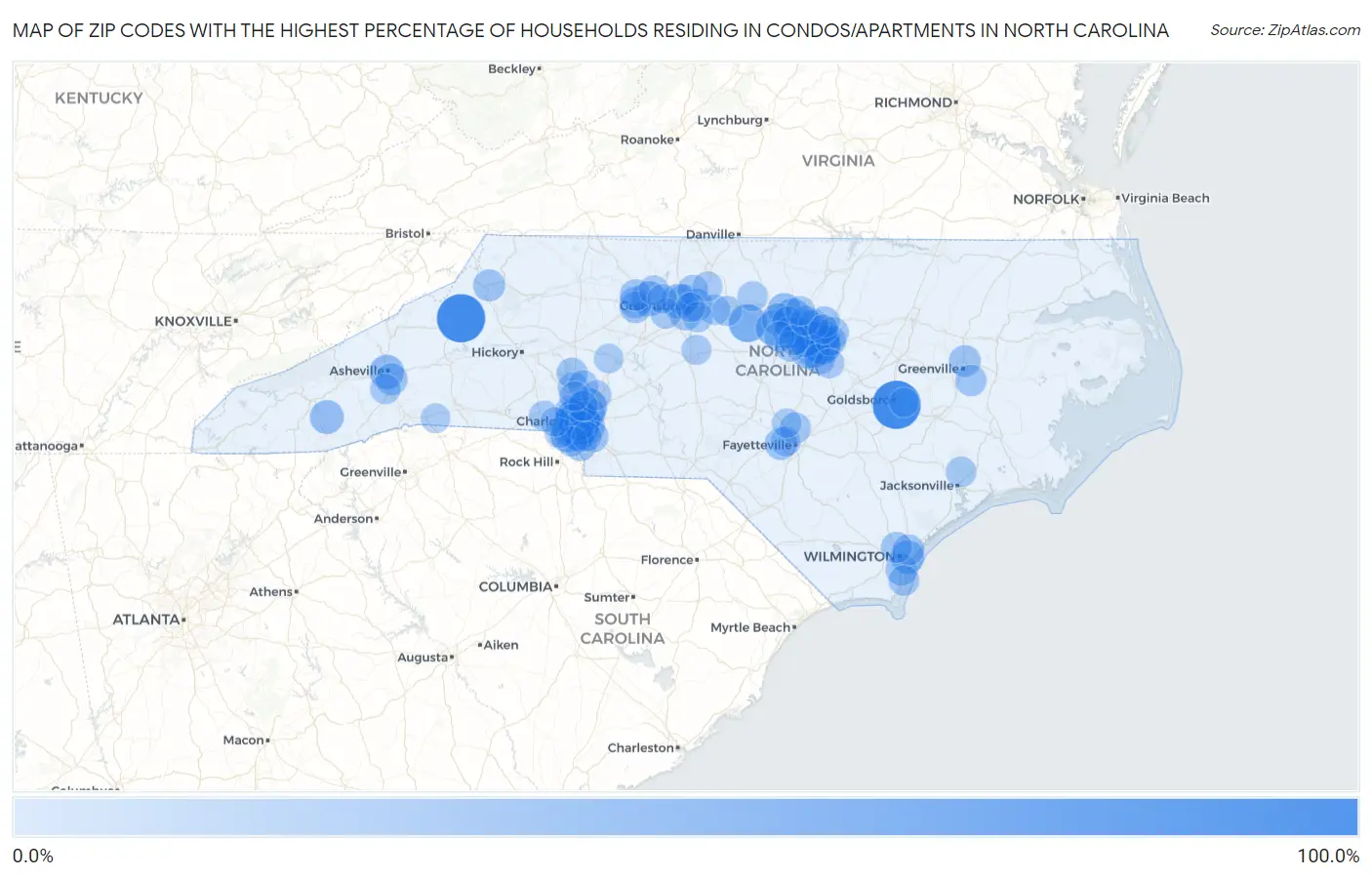 Zip Codes with the Highest Percentage of Households Residing in Condos/Apartments in North Carolina Map