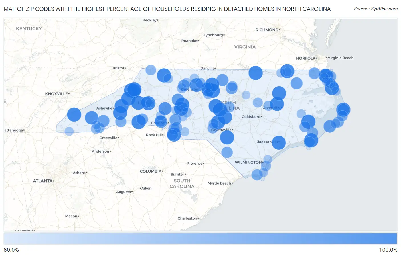 Zip Codes with the Highest Percentage of Households Residing in Detached Homes in North Carolina Map