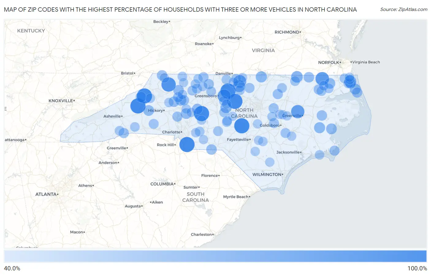 Zip Codes with the Highest Percentage of Households With Three or more Vehicles in North Carolina Map