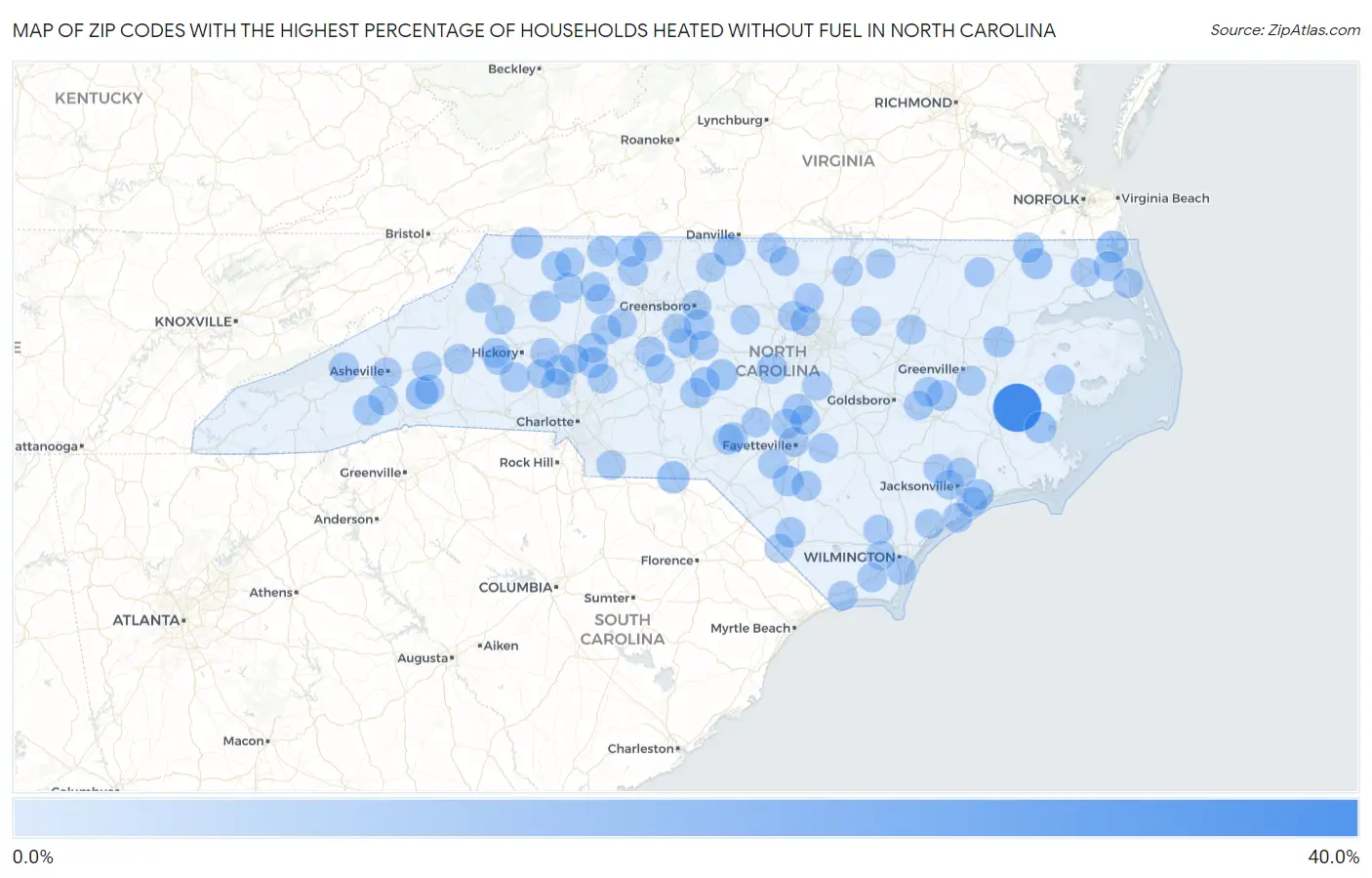Zip Codes with the Highest Percentage of Households Heated without Fuel in North Carolina Map