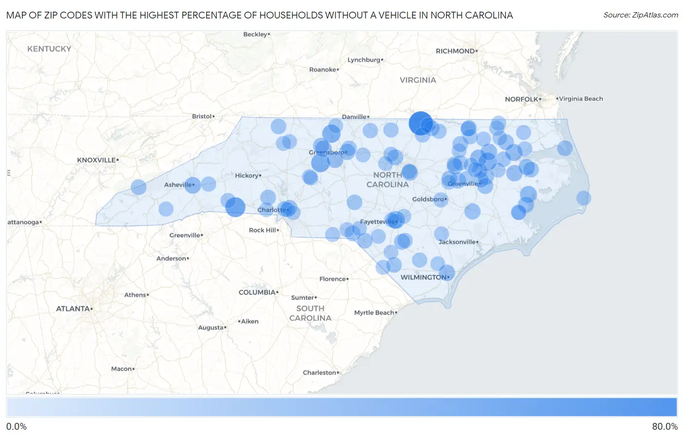 Zip Codes with the Highest Percentage of Households Without a Vehicle in North Carolina Map