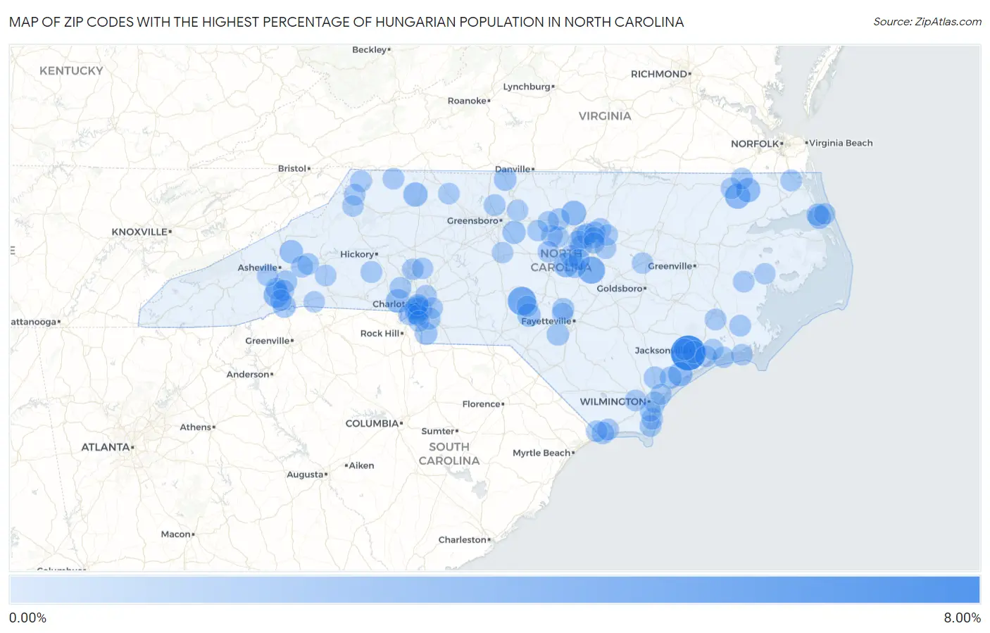 Zip Codes with the Highest Percentage of Hungarian Population in North Carolina Map