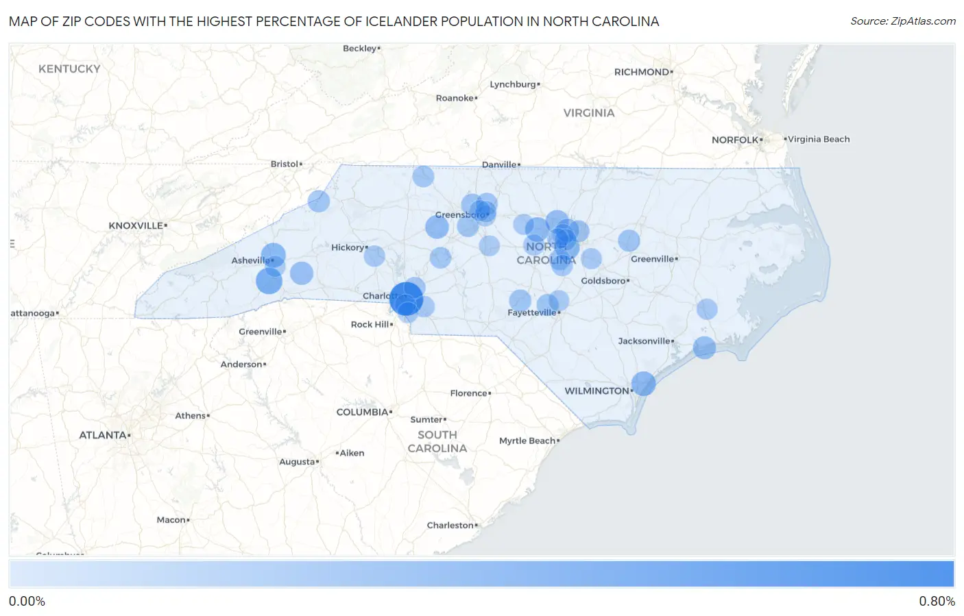 Zip Codes with the Highest Percentage of Icelander Population in North Carolina Map