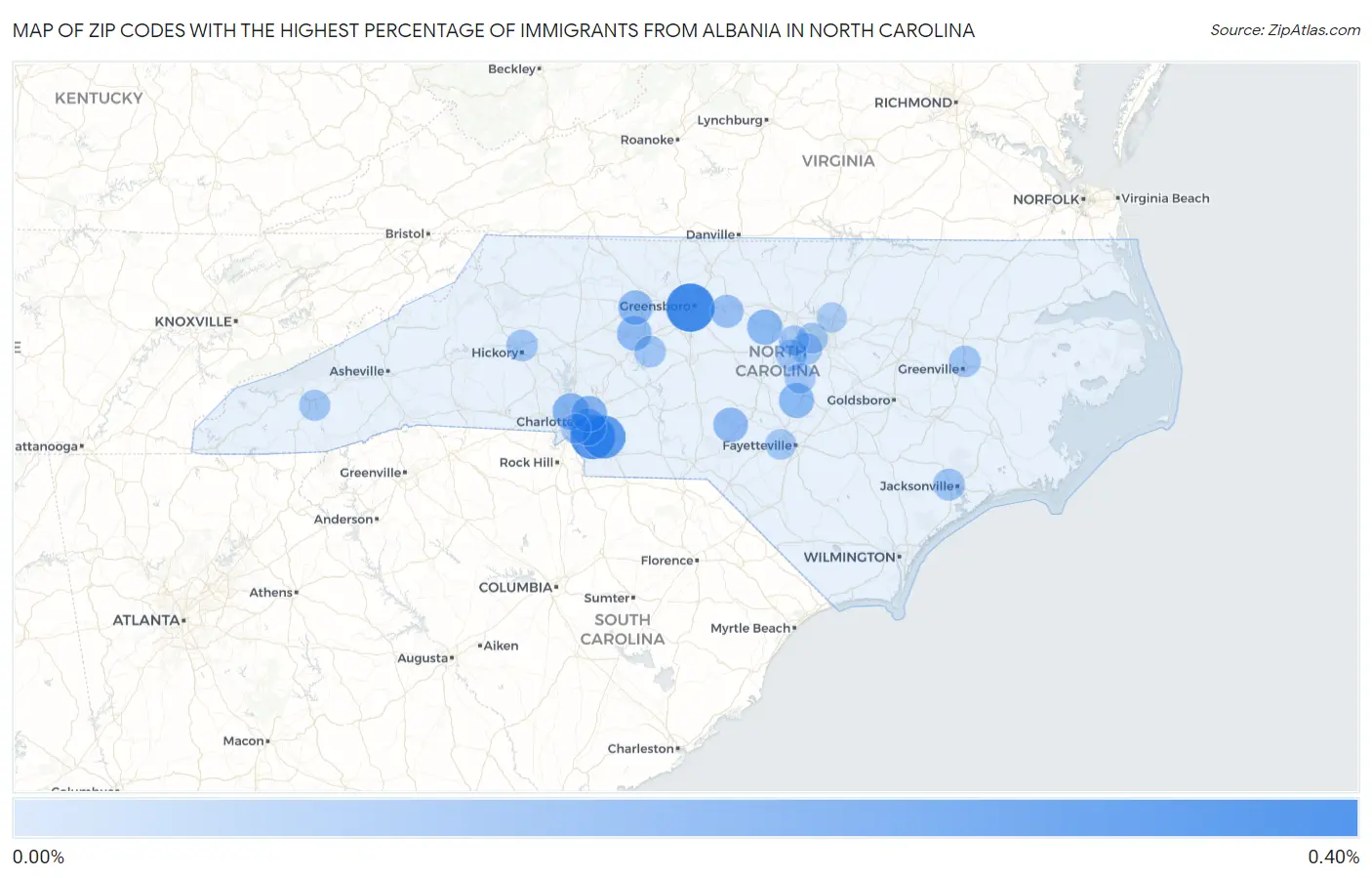 Zip Codes with the Highest Percentage of Immigrants from Albania in North Carolina Map
