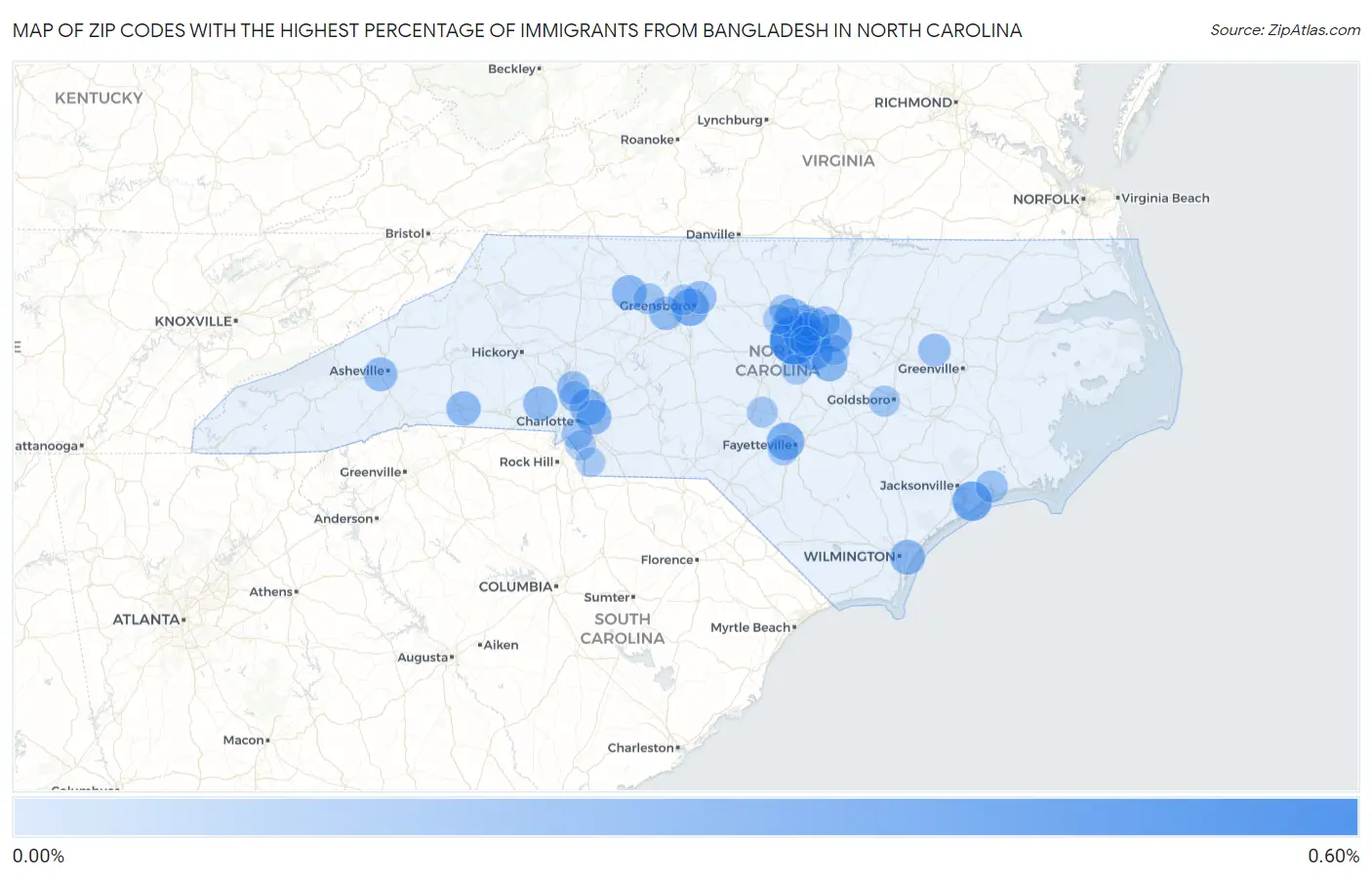 Zip Codes with the Highest Percentage of Immigrants from Bangladesh in North Carolina Map