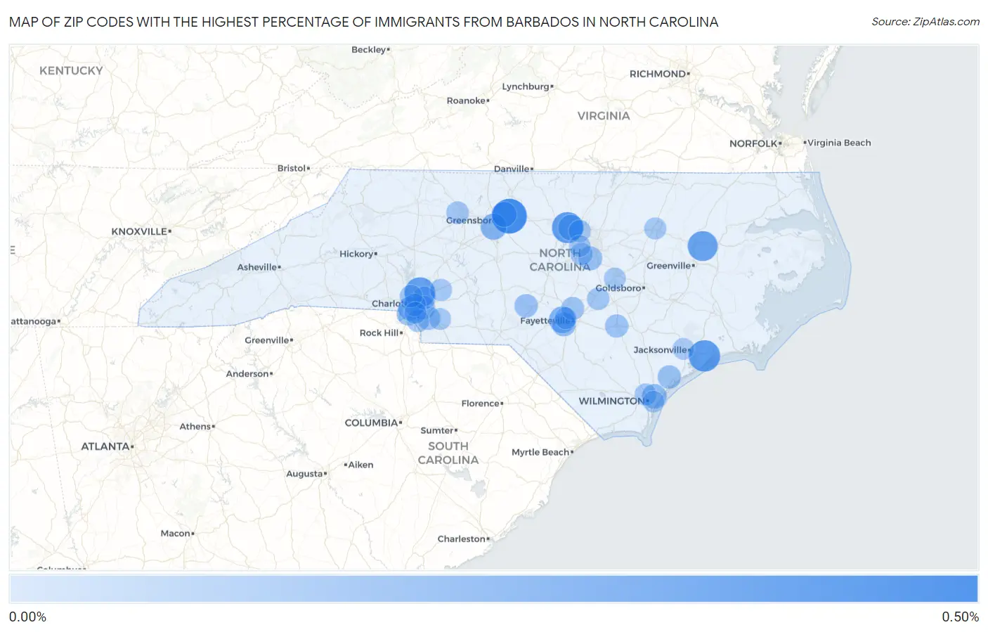 Zip Codes with the Highest Percentage of Immigrants from Barbados in North Carolina Map