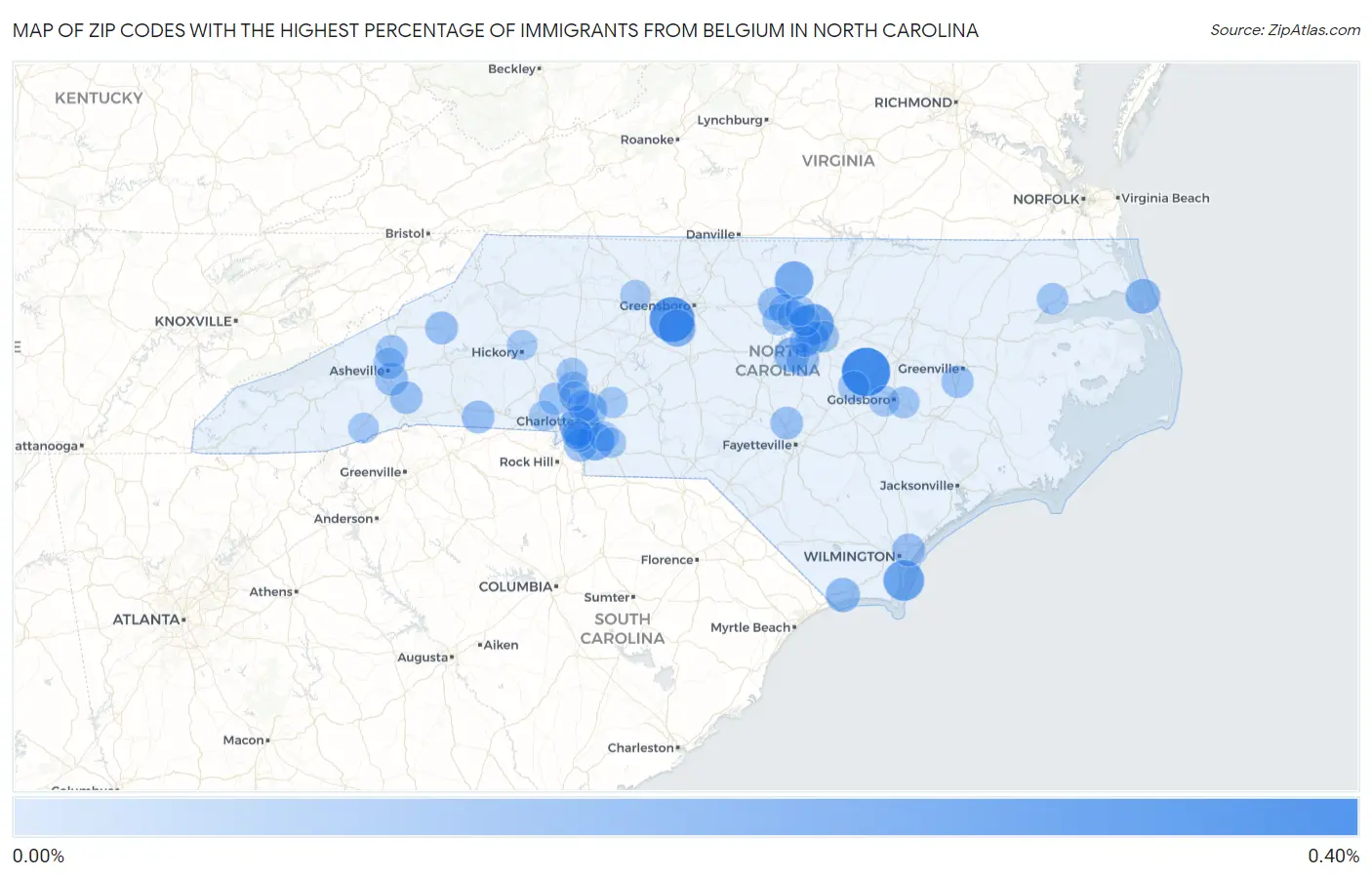 Zip Codes with the Highest Percentage of Immigrants from Belgium in North Carolina Map