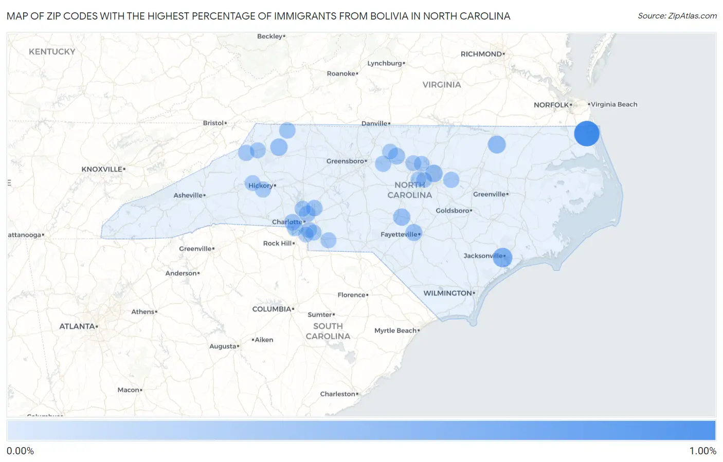Zip Codes with the Highest Percentage of Immigrants from Bolivia in North Carolina Map