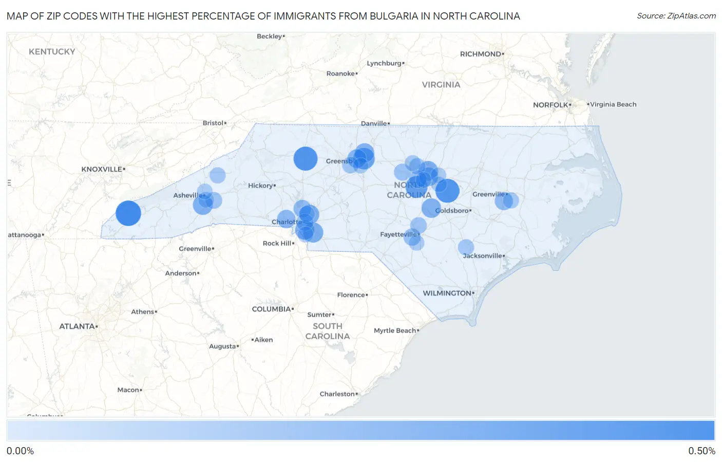 Zip Codes with the Highest Percentage of Immigrants from Bulgaria in North Carolina Map