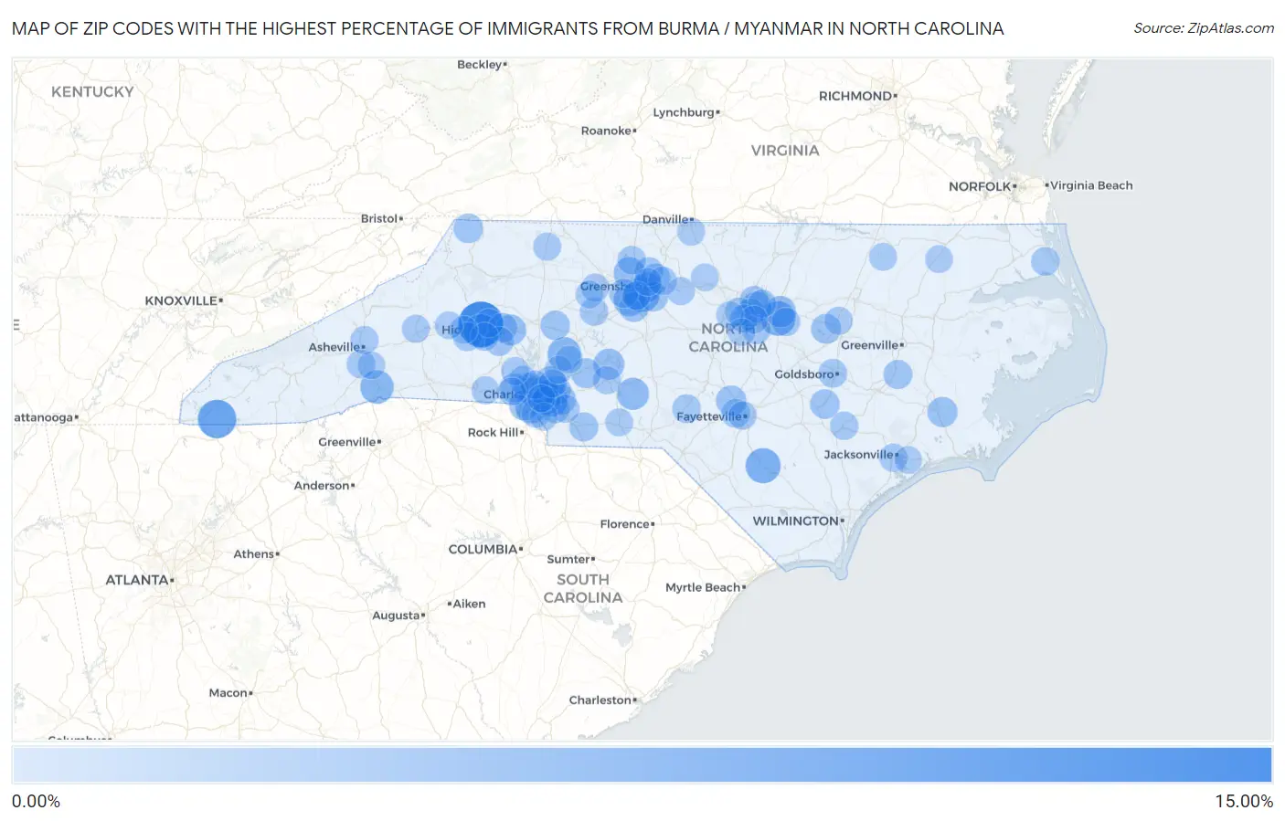 Zip Codes with the Highest Percentage of Immigrants from Burma / Myanmar in North Carolina Map