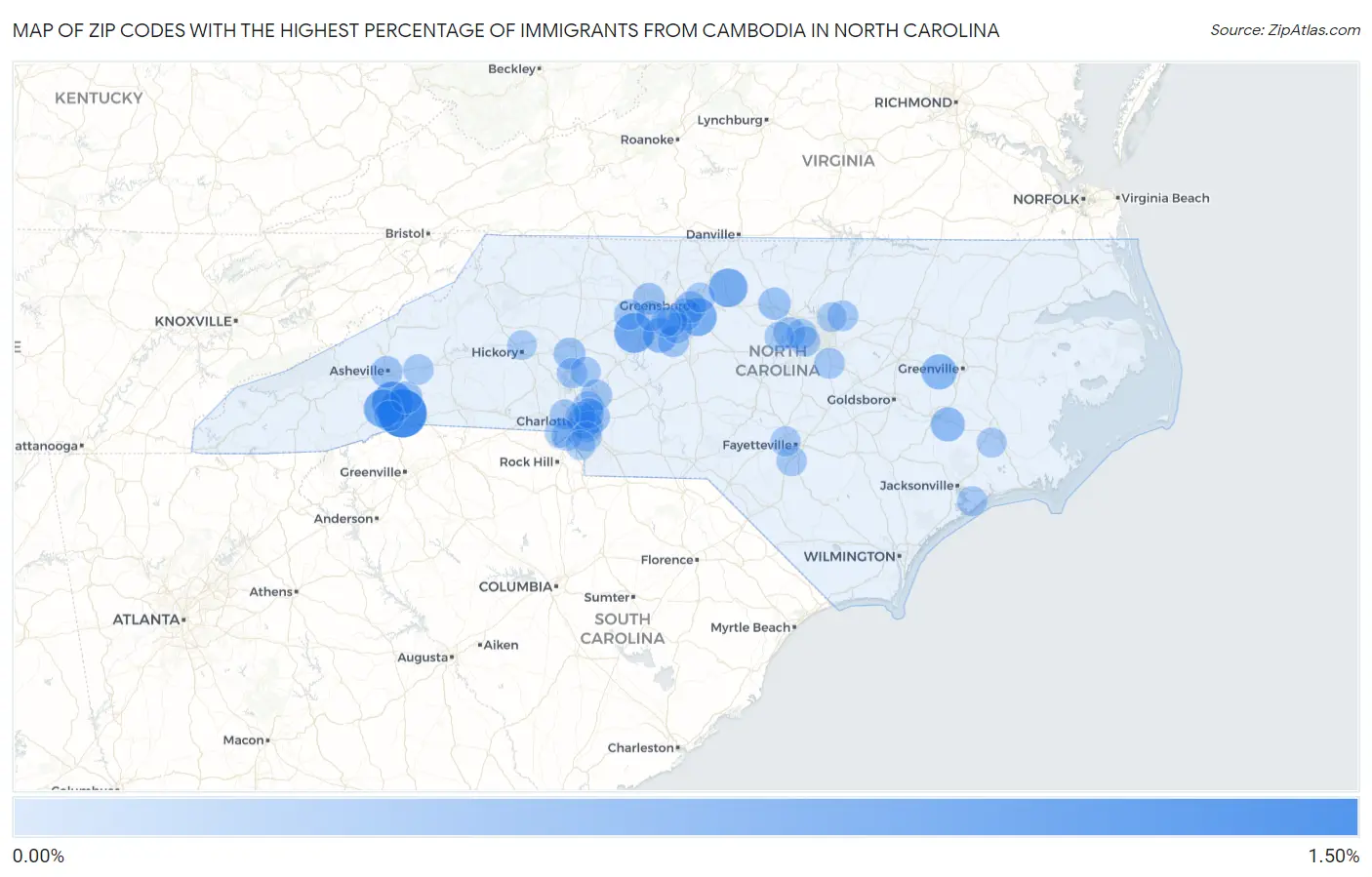 Zip Codes with the Highest Percentage of Immigrants from Cambodia in North Carolina Map