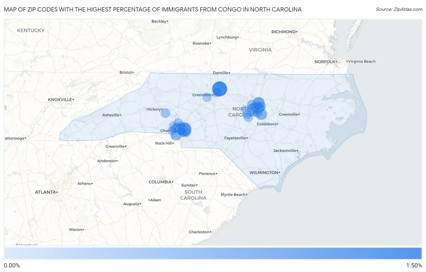 Zip Codes with the Highest Percentage of Immigrants from Congo in North Carolina Map