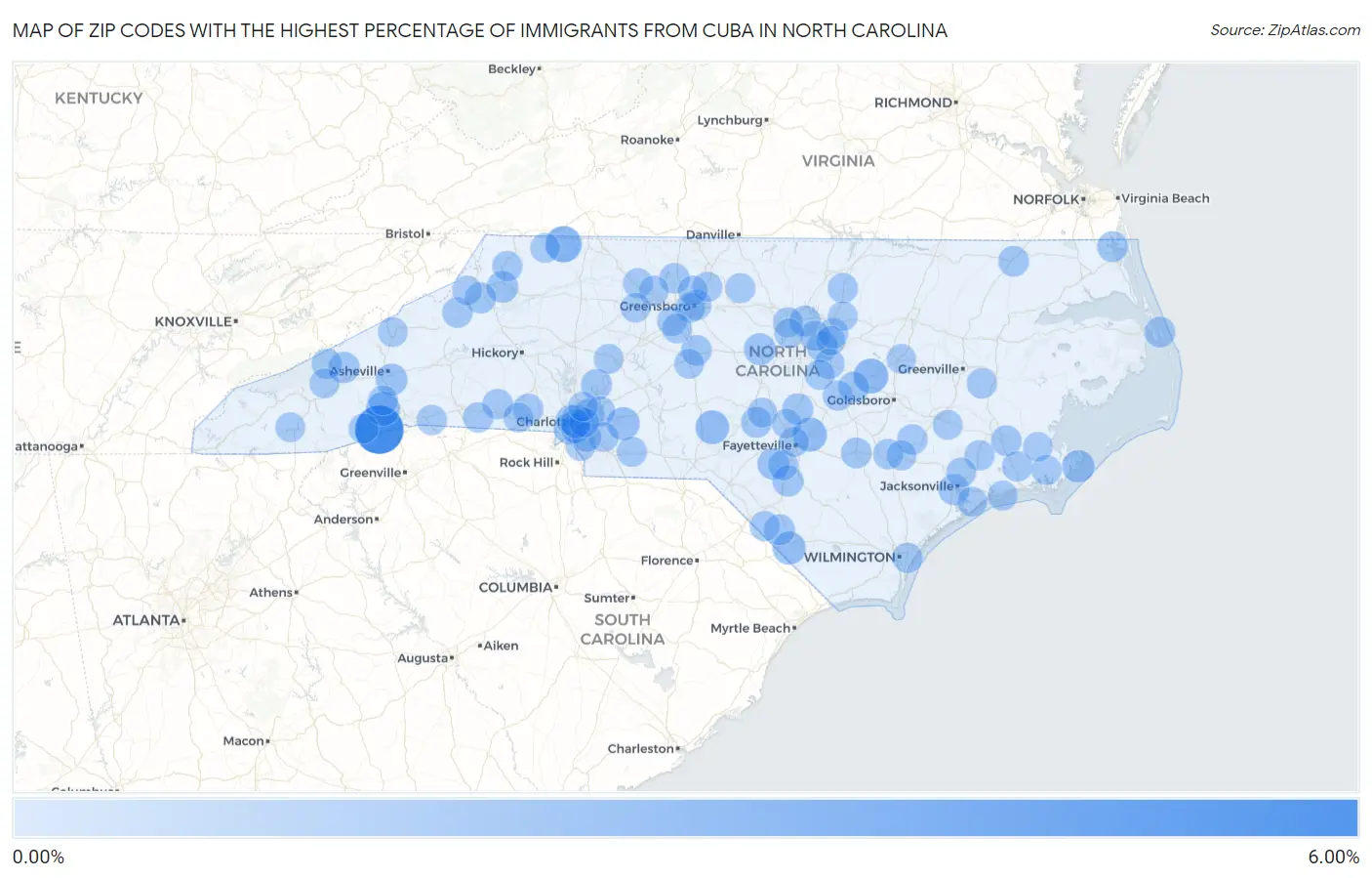 Zip Codes with the Highest Percentage of Immigrants from Cuba in North Carolina Map