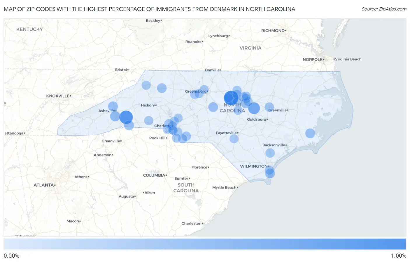 Zip Codes with the Highest Percentage of Immigrants from Denmark in North Carolina Map