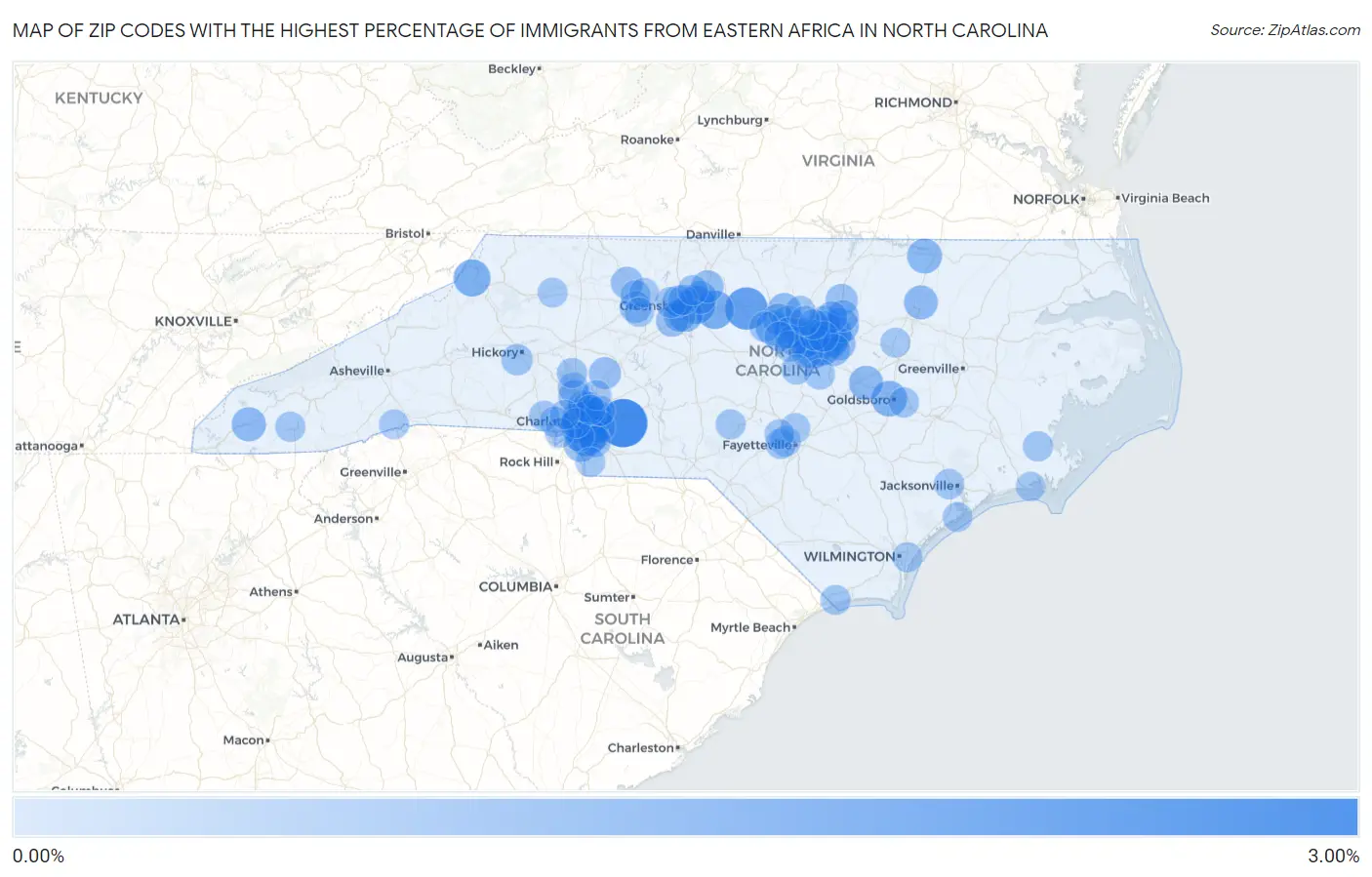 Zip Codes with the Highest Percentage of Immigrants from Eastern Africa in North Carolina Map