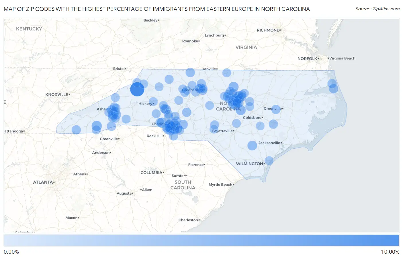 Zip Codes with the Highest Percentage of Immigrants from Eastern Europe in North Carolina Map