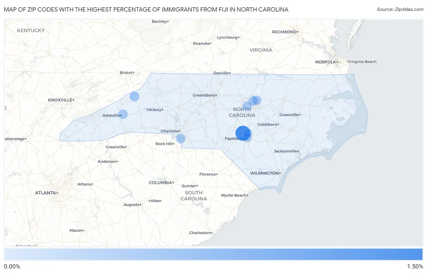 Zip Codes with the Highest Percentage of Immigrants from Fiji in North Carolina Map