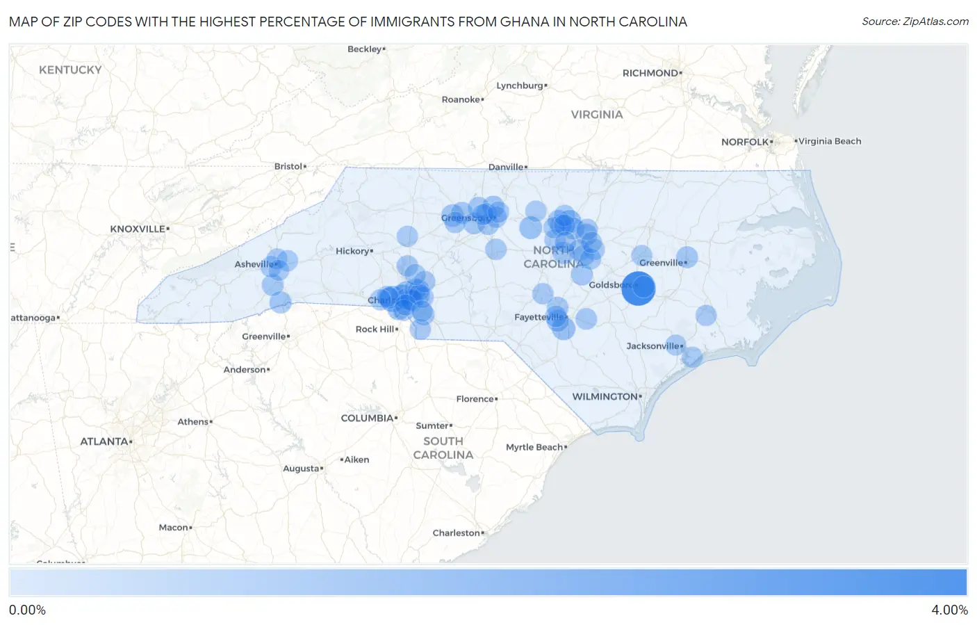 Zip Codes with the Highest Percentage of Immigrants from Ghana in North Carolina Map