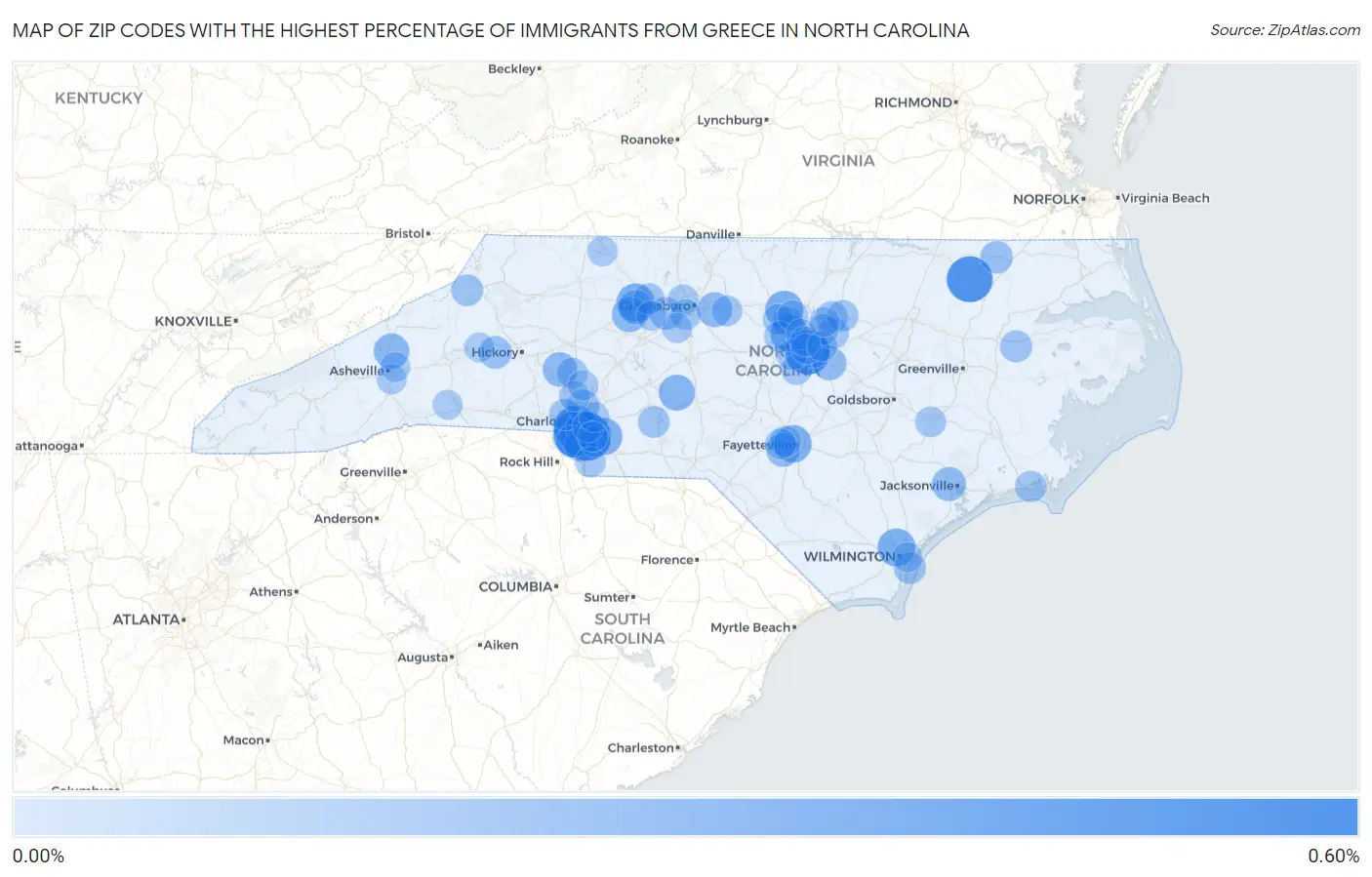 Zip Codes with the Highest Percentage of Immigrants from Greece in North Carolina Map