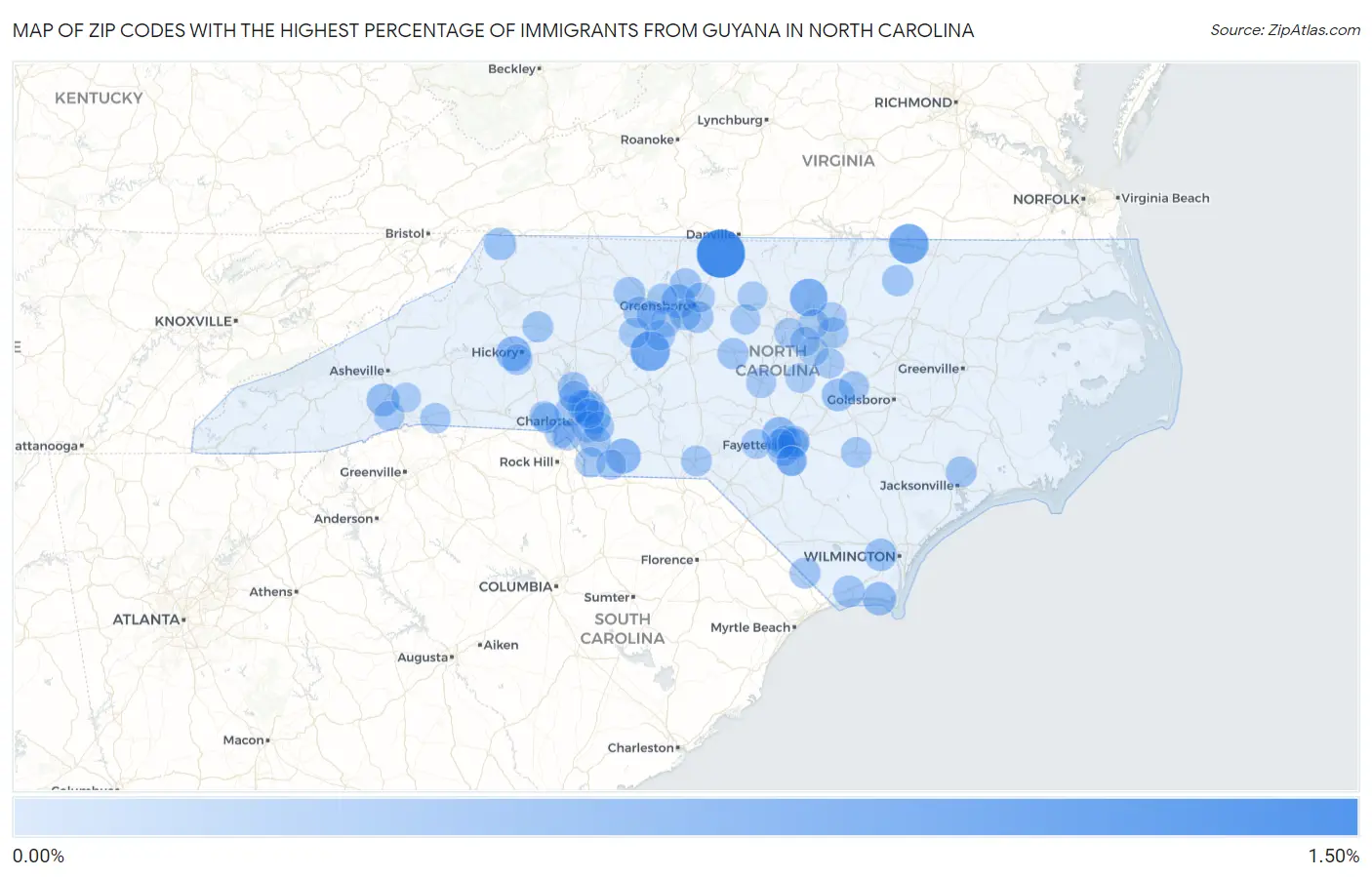 Zip Codes with the Highest Percentage of Immigrants from Guyana in North Carolina Map