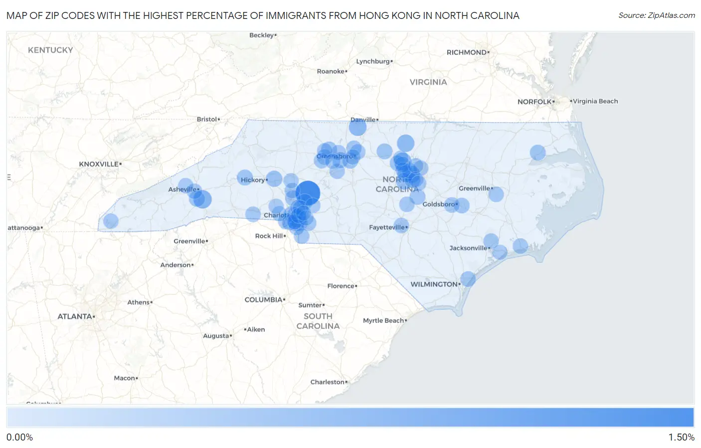 Zip Codes with the Highest Percentage of Immigrants from Hong Kong in North Carolina Map