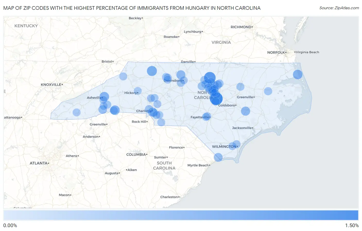 Zip Codes with the Highest Percentage of Immigrants from Hungary in North Carolina Map