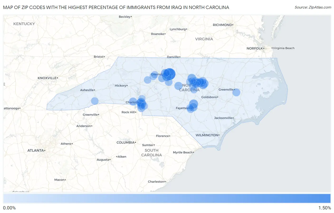 Zip Codes with the Highest Percentage of Immigrants from Iraq in North Carolina Map