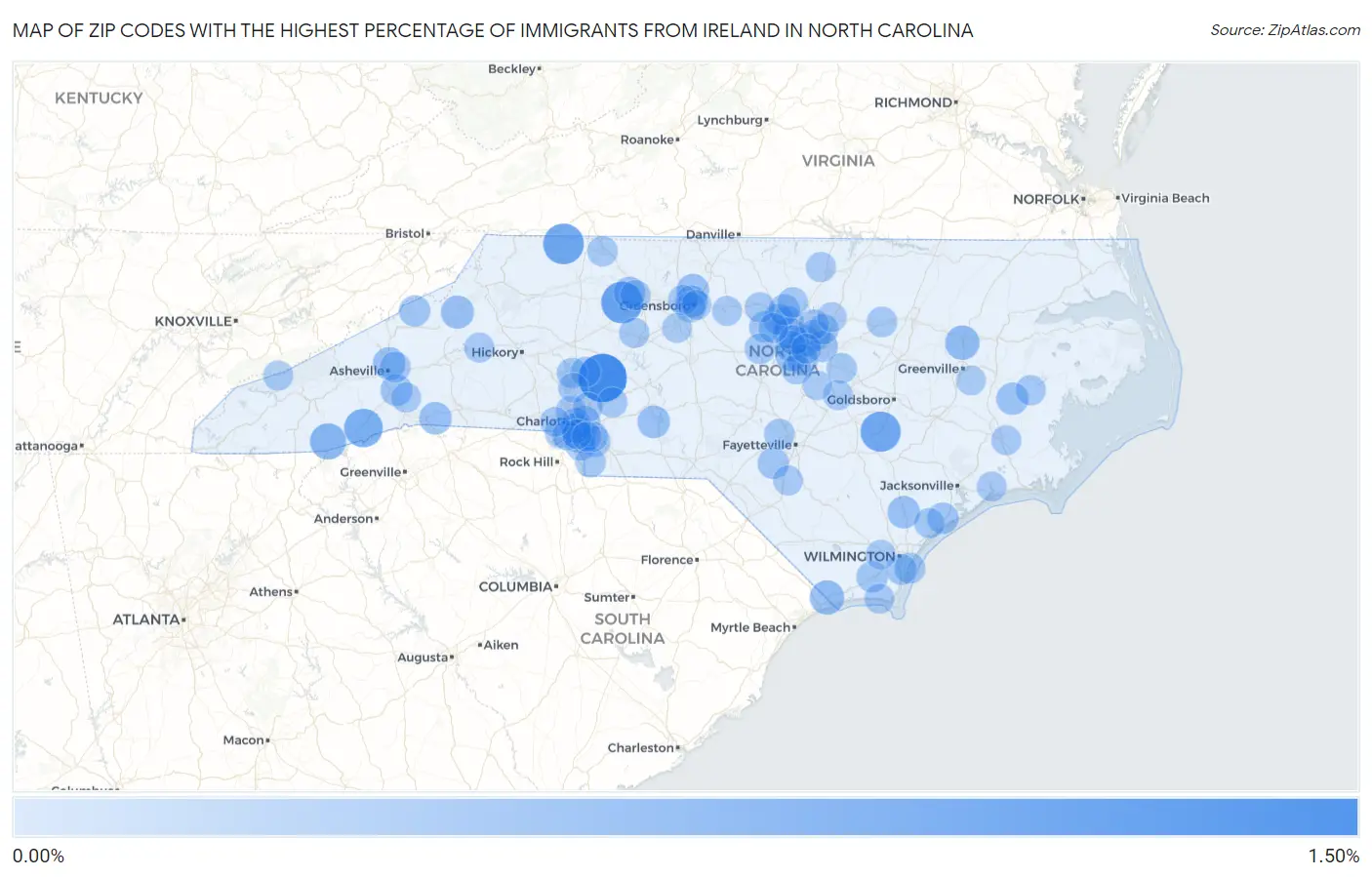 Zip Codes with the Highest Percentage of Immigrants from Ireland in North Carolina Map