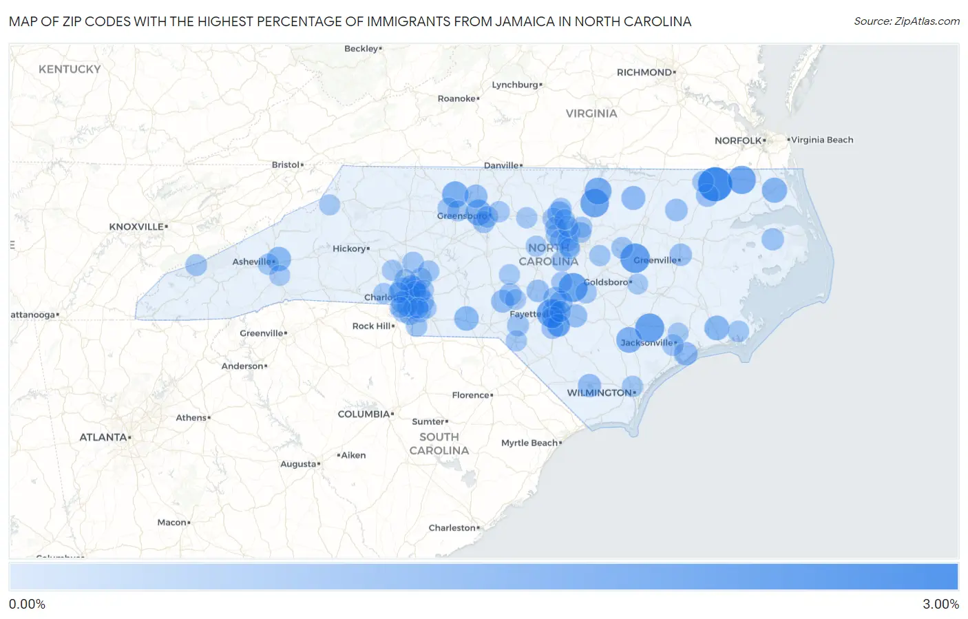 Zip Codes with the Highest Percentage of Immigrants from Jamaica in North Carolina Map