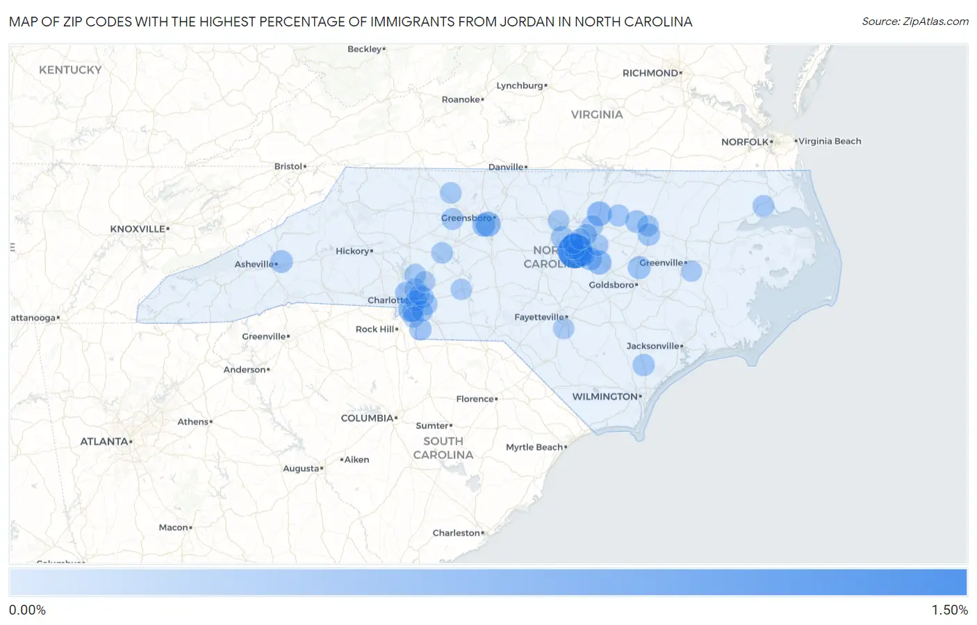 Zip Codes with the Highest Percentage of Immigrants from Jordan in North Carolina Map