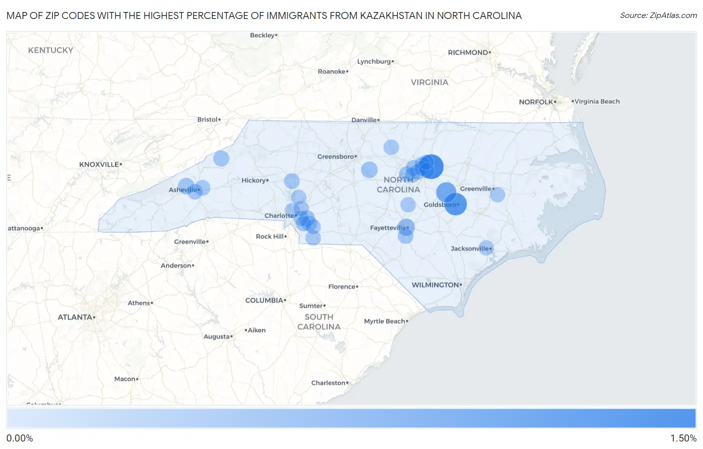 Zip Codes with the Highest Percentage of Immigrants from Kazakhstan in North Carolina Map
