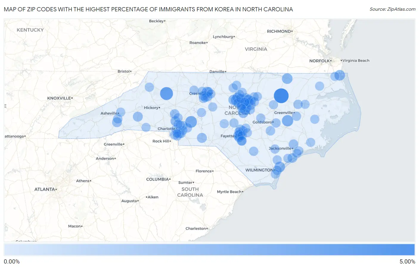 Zip Codes with the Highest Percentage of Immigrants from Korea in North Carolina Map