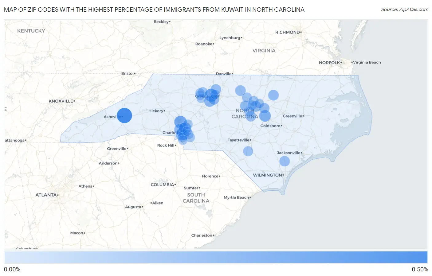 Zip Codes with the Highest Percentage of Immigrants from Kuwait in North Carolina Map