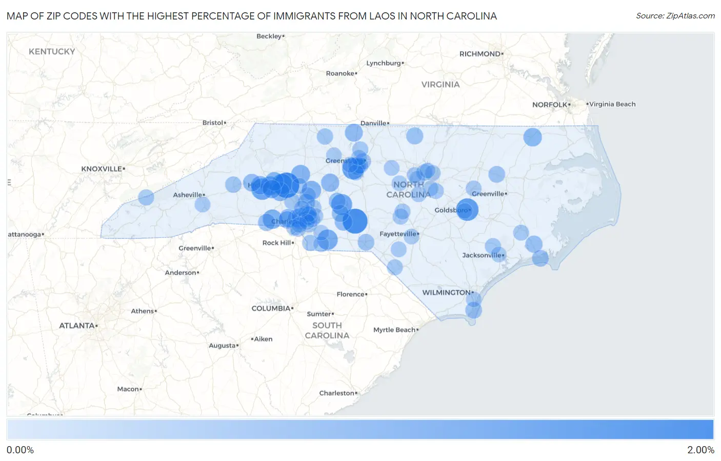 Zip Codes with the Highest Percentage of Immigrants from Laos in North Carolina Map