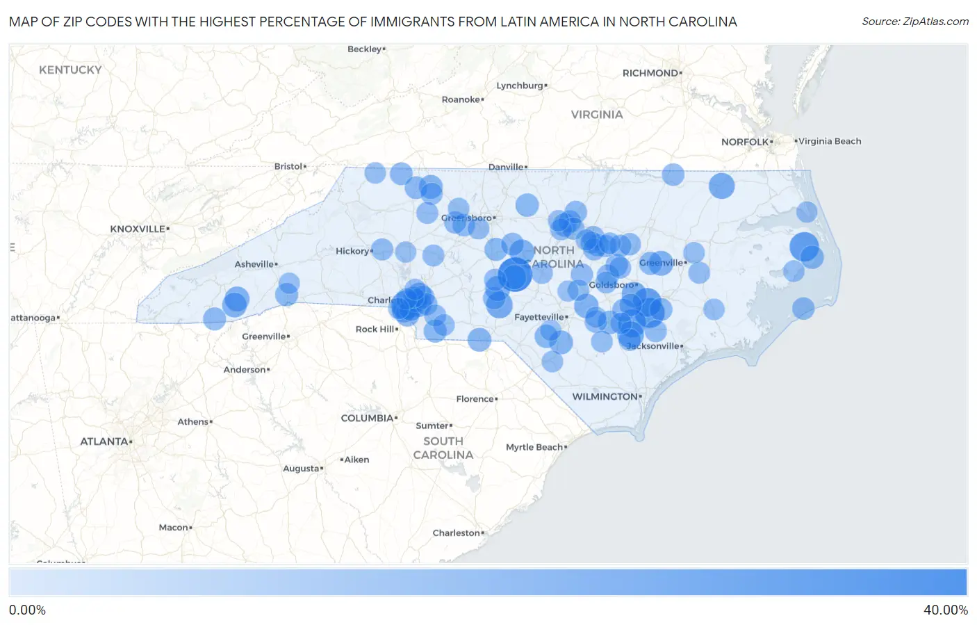 Zip Codes with the Highest Percentage of Immigrants from Latin America in North Carolina Map