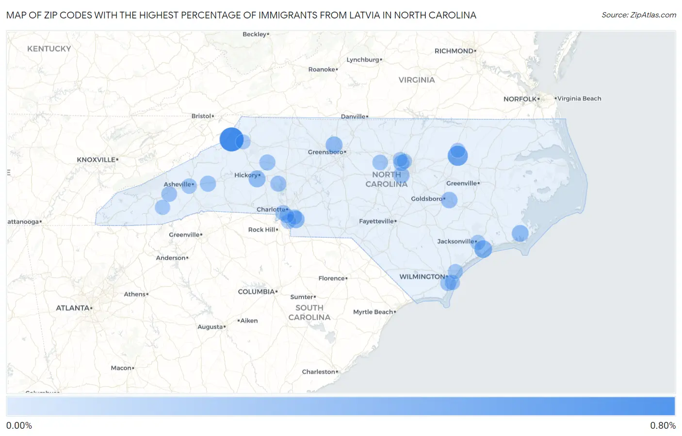 Zip Codes with the Highest Percentage of Immigrants from Latvia in North Carolina Map