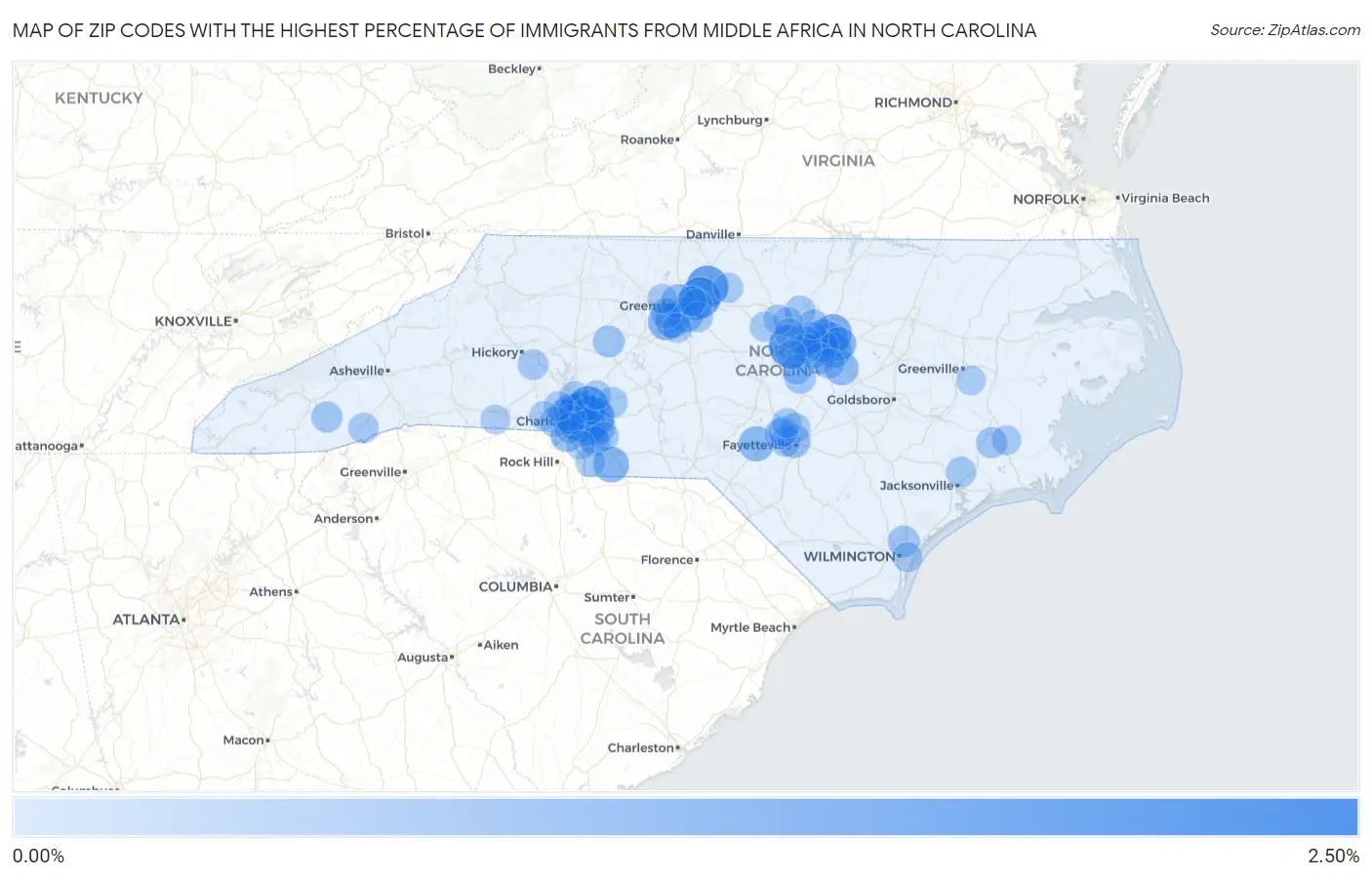 Zip Codes with the Highest Percentage of Immigrants from Middle Africa in North Carolina Map