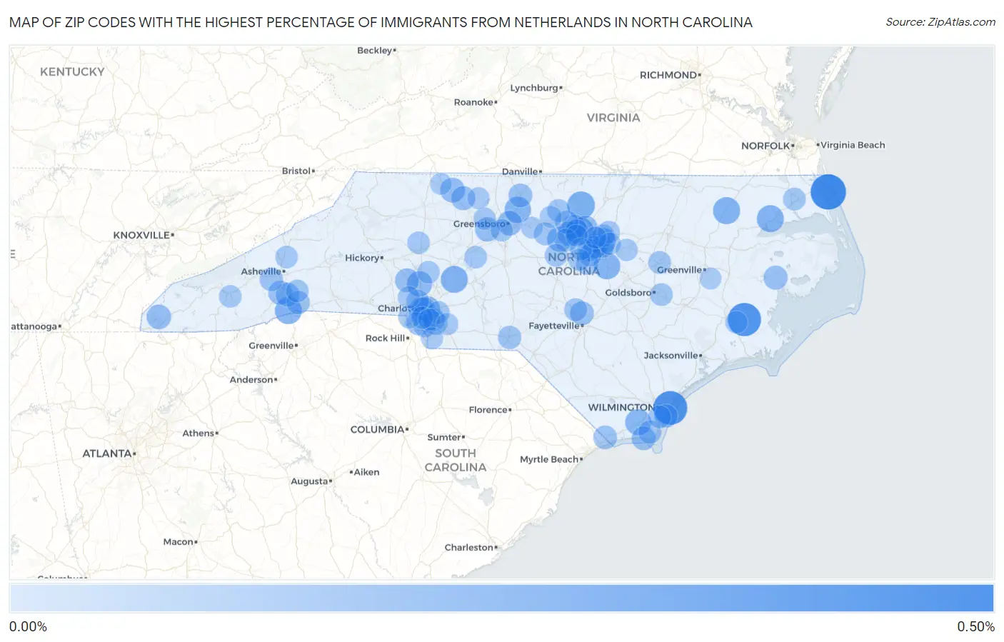 Zip Codes with the Highest Percentage of Immigrants from Netherlands in North Carolina Map