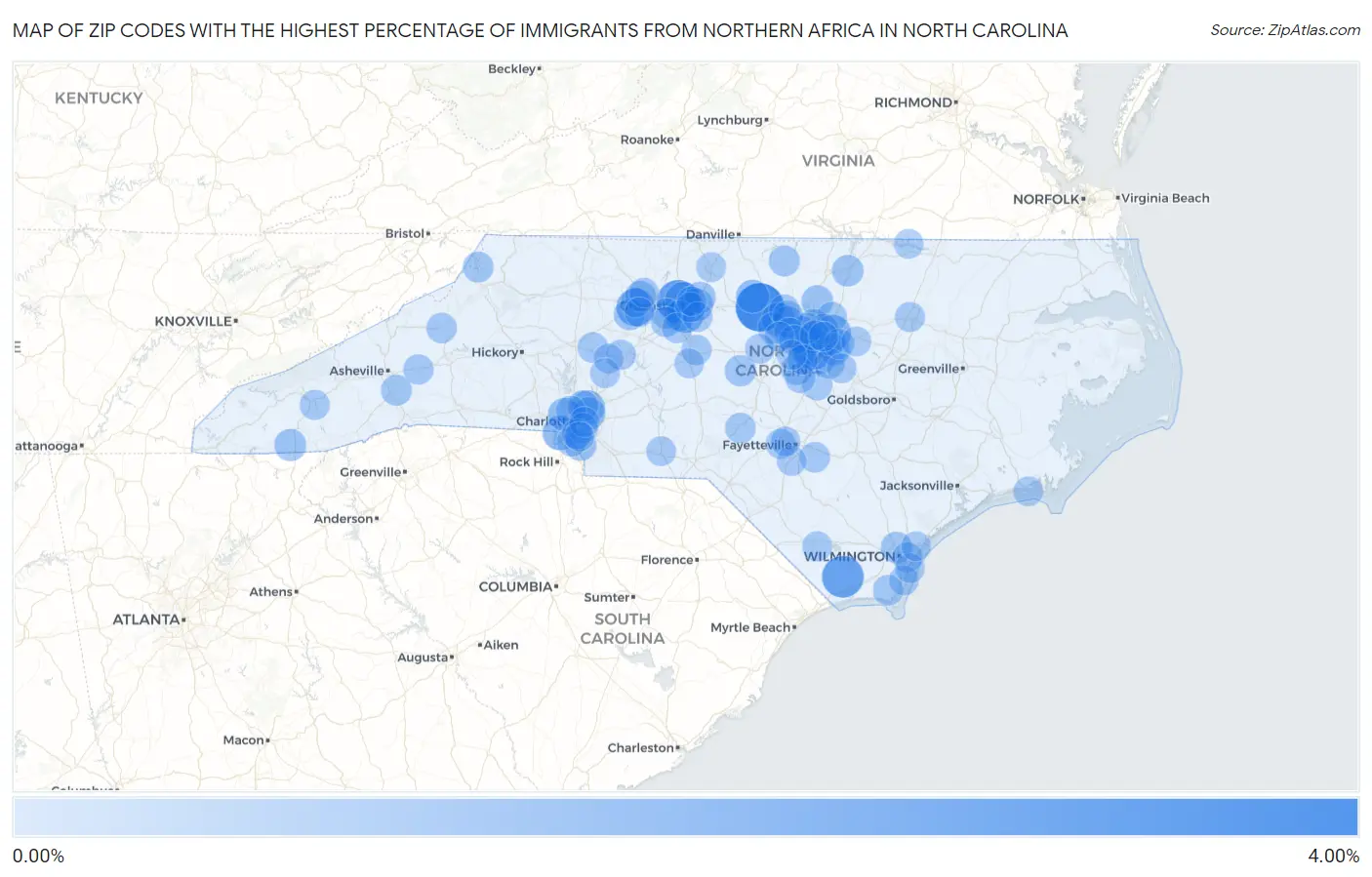 Zip Codes with the Highest Percentage of Immigrants from Northern Africa in North Carolina Map