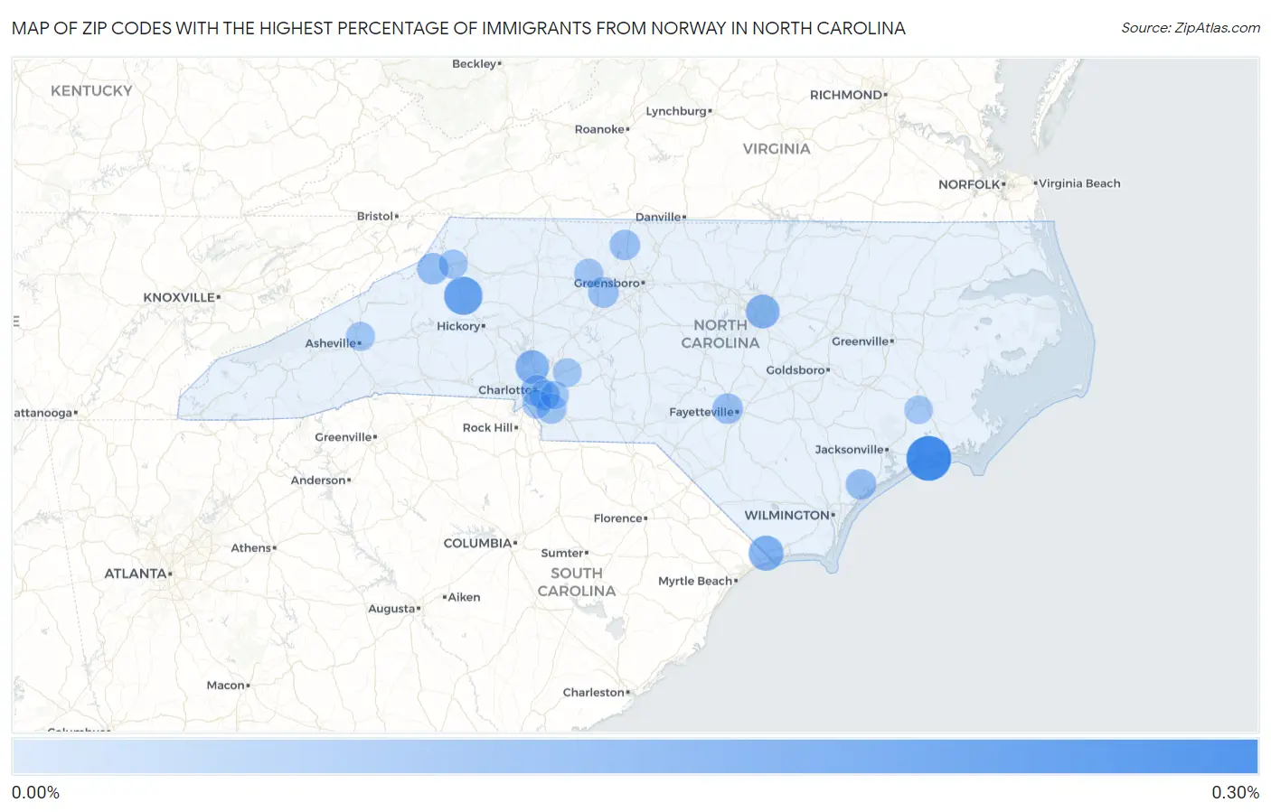 Zip Codes with the Highest Percentage of Immigrants from Norway in North Carolina Map