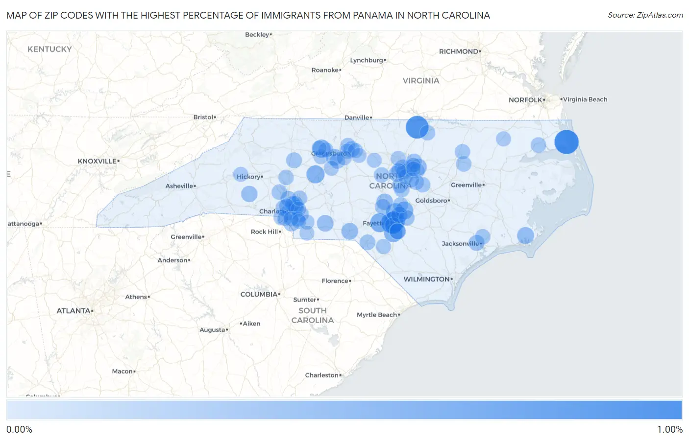Zip Codes with the Highest Percentage of Immigrants from Panama in North Carolina Map