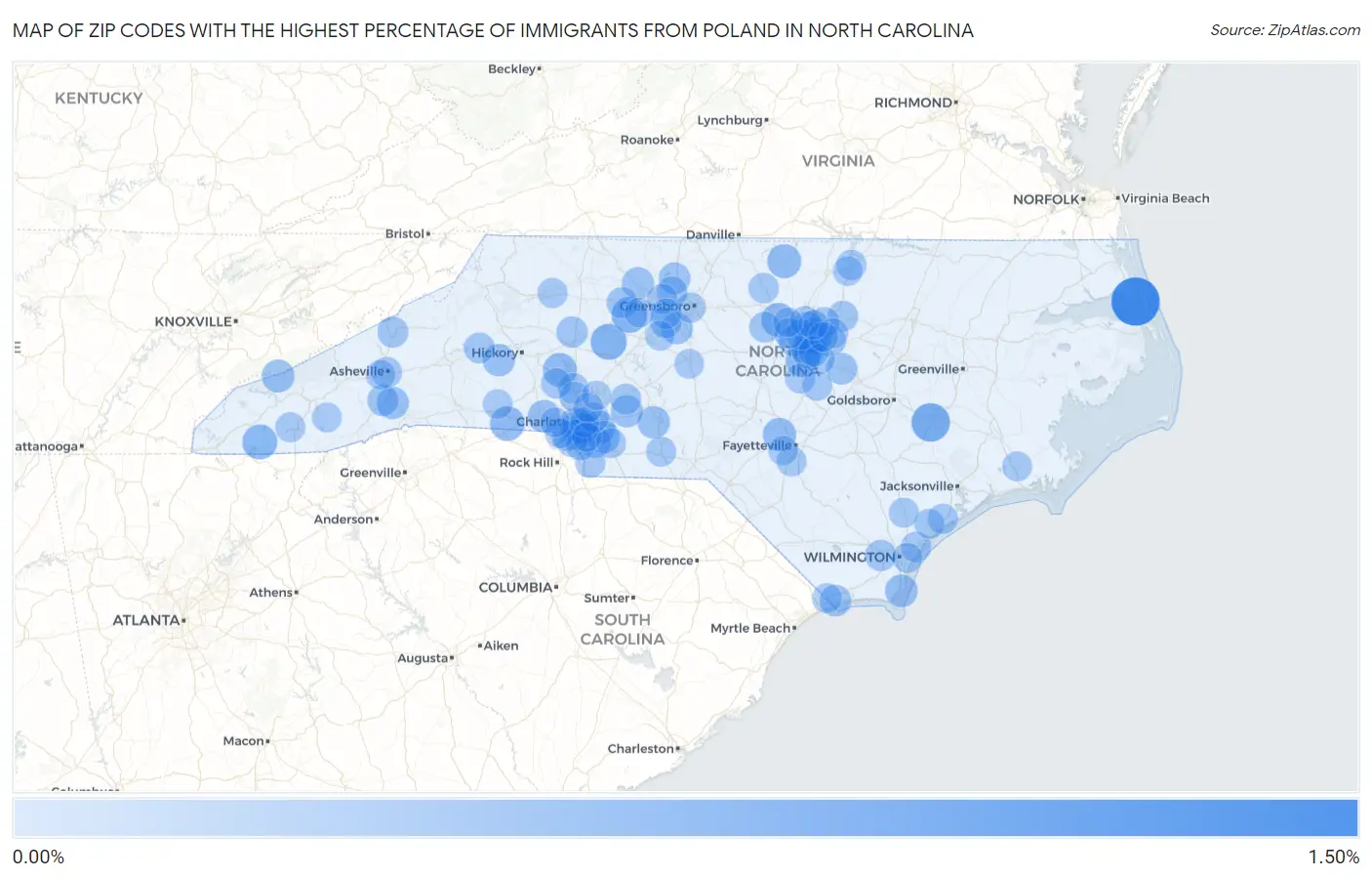 Zip Codes with the Highest Percentage of Immigrants from Poland in North Carolina Map