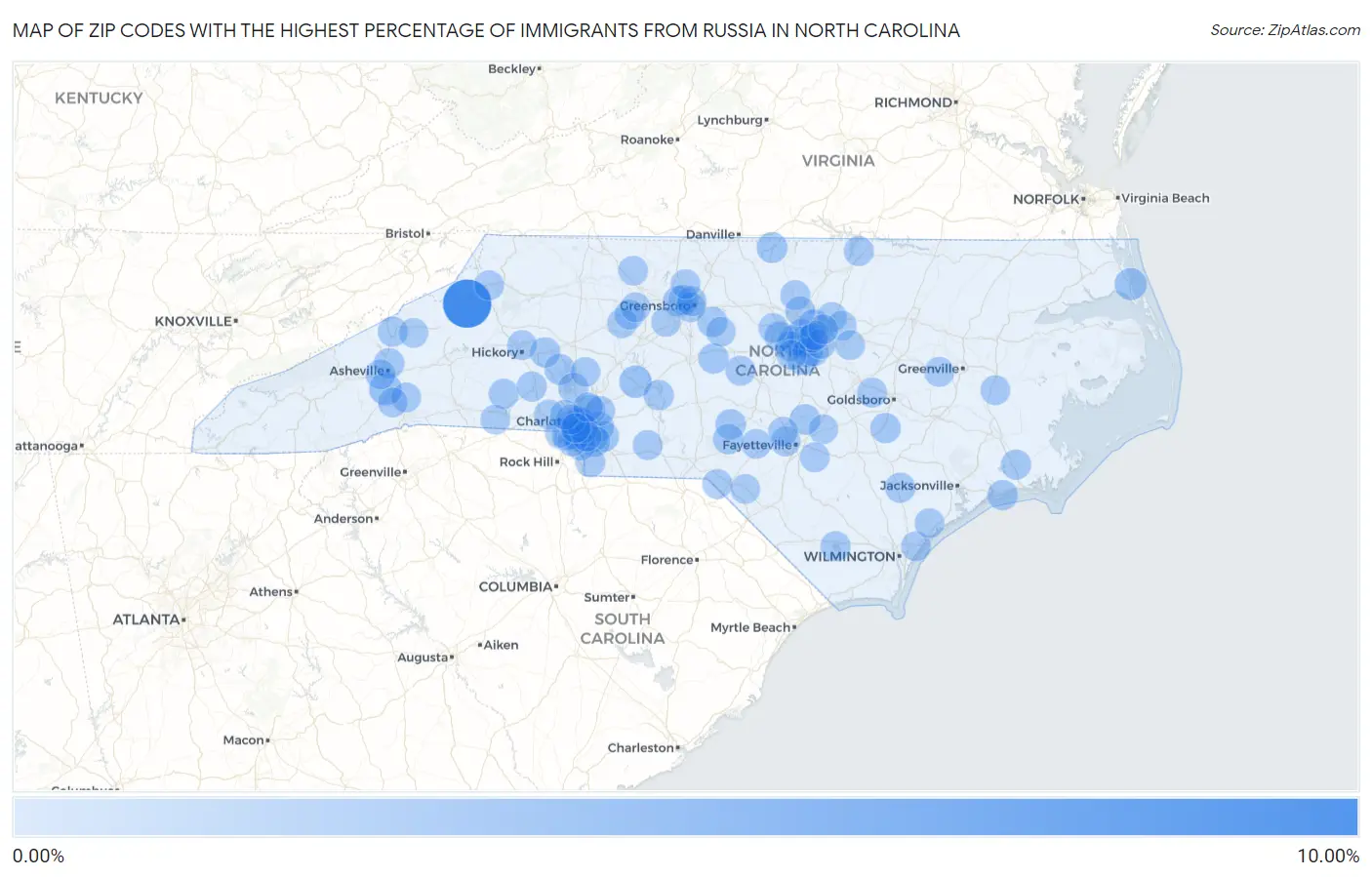 Zip Codes with the Highest Percentage of Immigrants from Russia in North Carolina Map