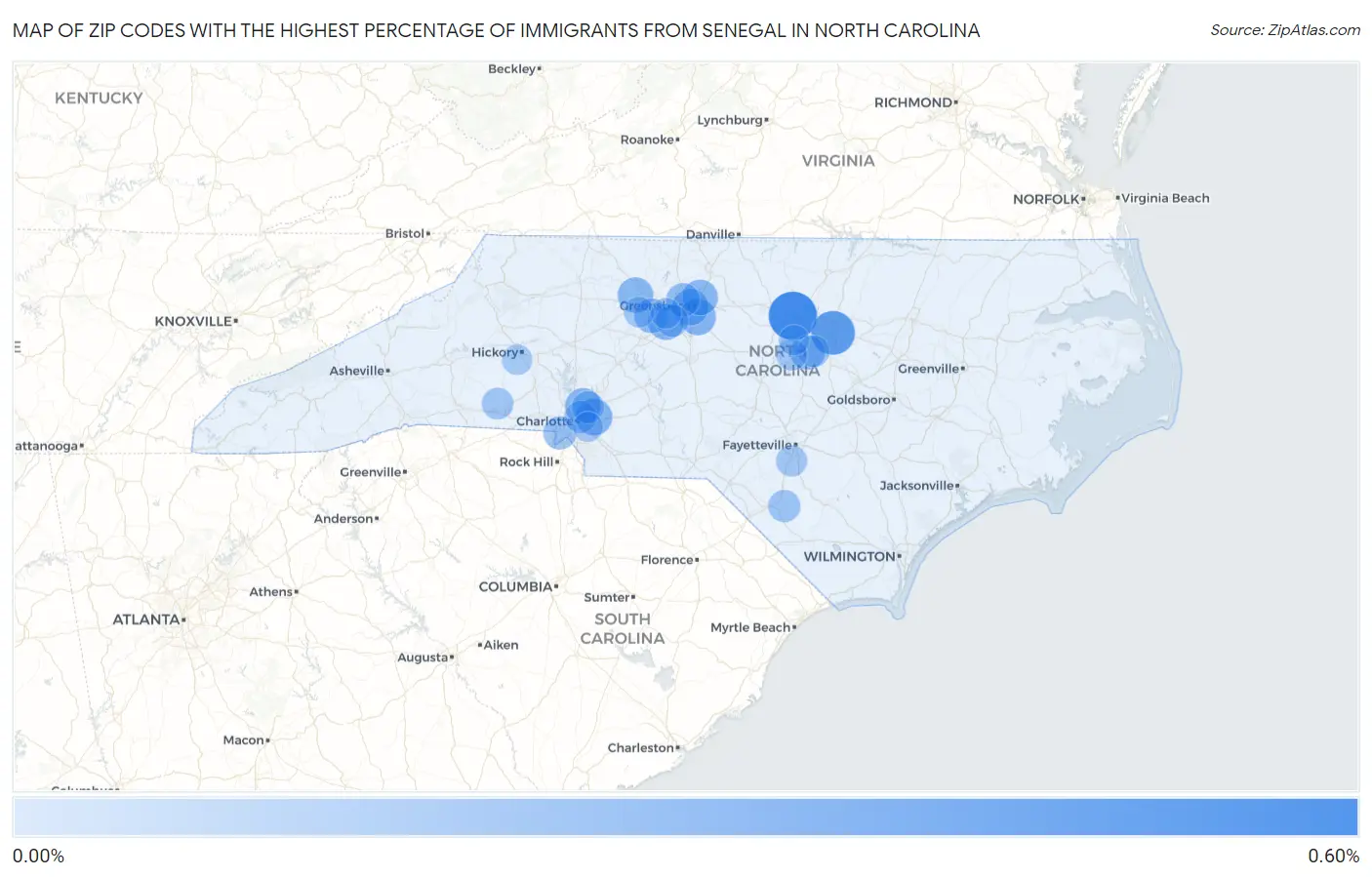 Zip Codes with the Highest Percentage of Immigrants from Senegal in North Carolina Map