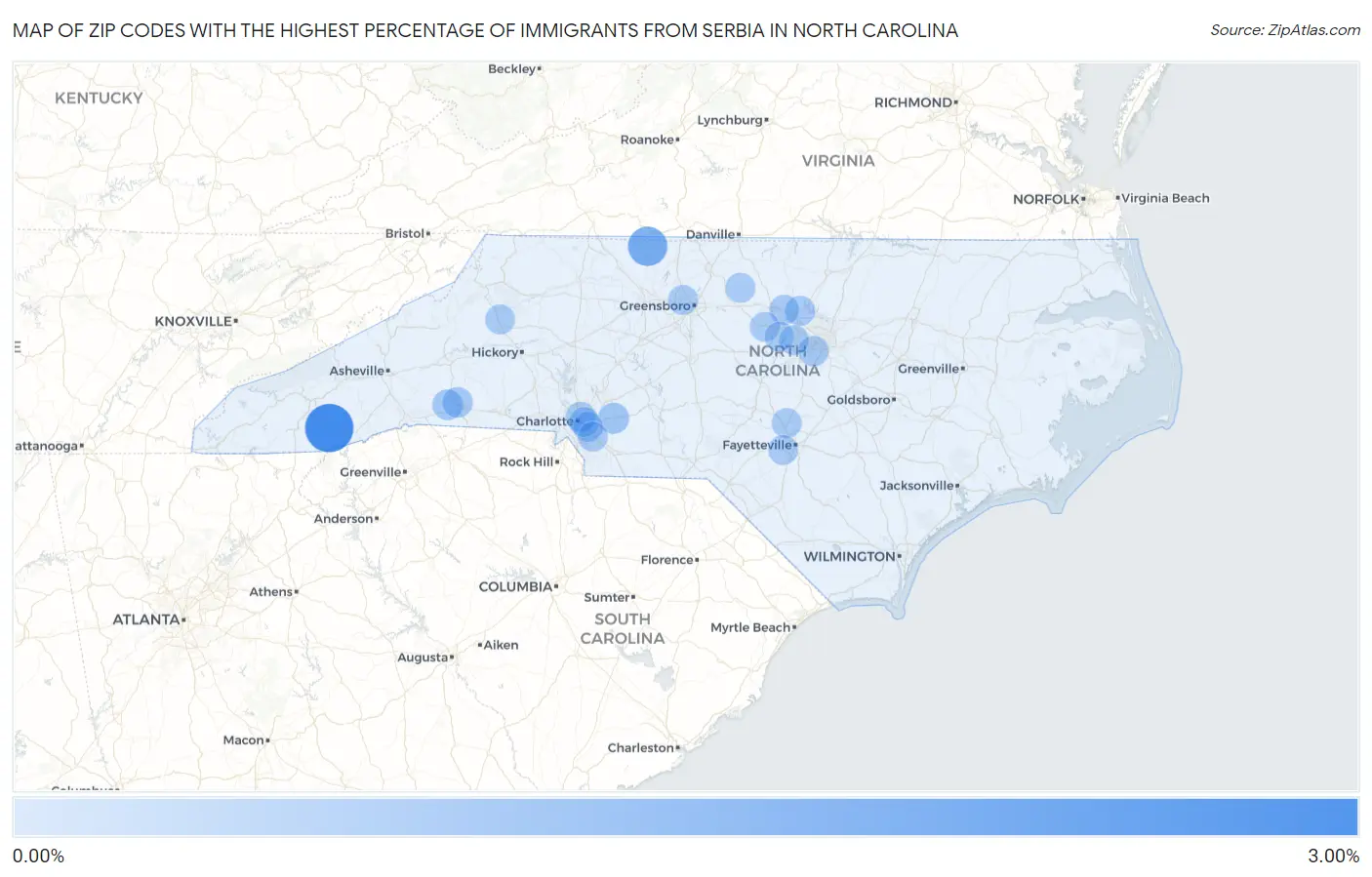 Zip Codes with the Highest Percentage of Immigrants from Serbia in North Carolina Map