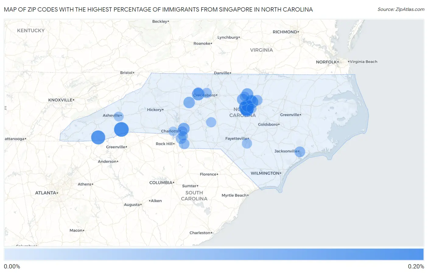 Zip Codes with the Highest Percentage of Immigrants from Singapore in North Carolina Map